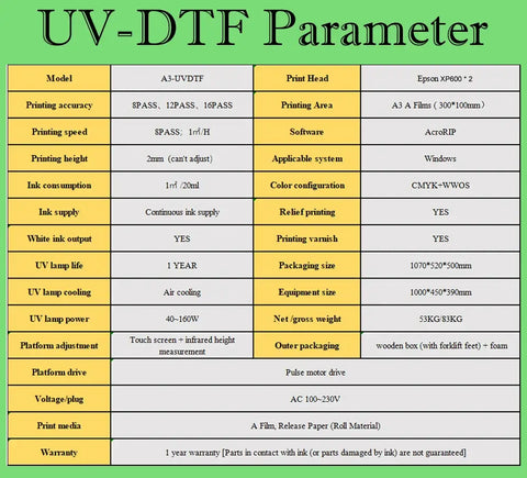 ACHI A3 UV DTF printer specification